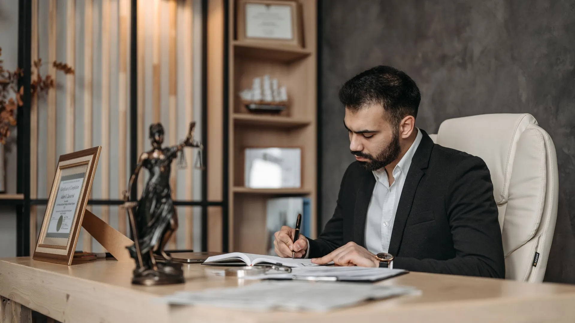 A lawyer hard at work signing legal documents in his law office