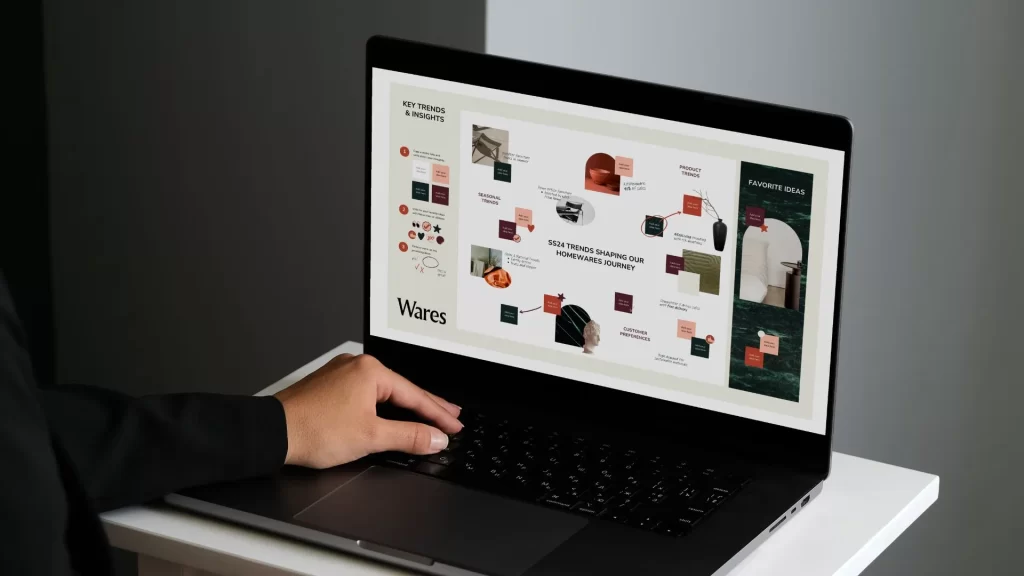 A laptop screen showing a brainstorming session involving content marketing strategy
