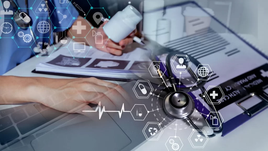A healthcare professional is holding up a bottle of pills in the main photo. Super embossed on the main photo are icons representing B2B and the healthcare industry such as networking, sales, people. pills, etc.