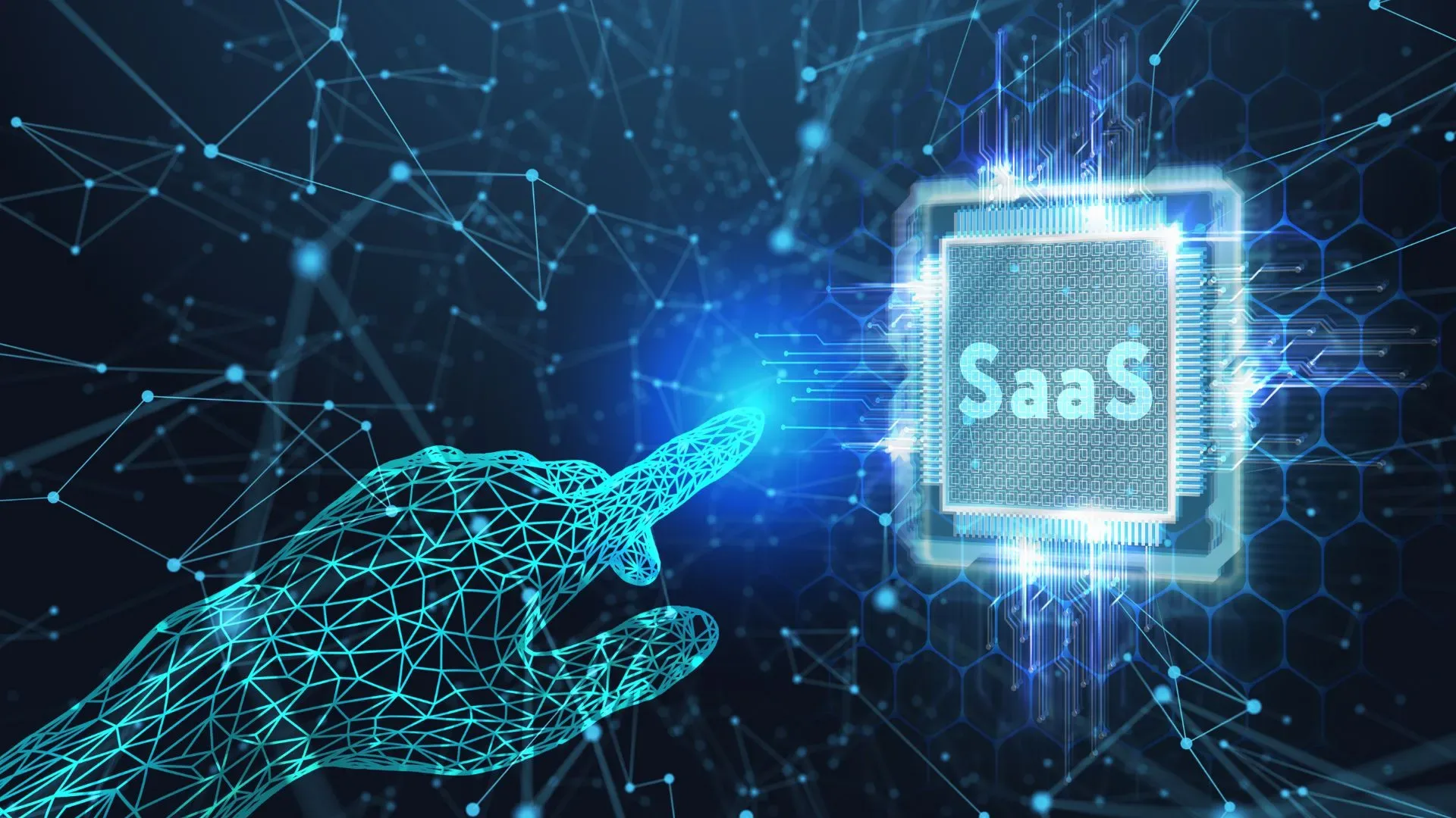 A digital poster of a hand made up of networks pointing at a microchip with the word SaaS printed on it